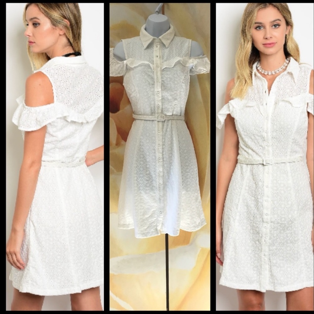 Cold shoulder stitched floral button down dress